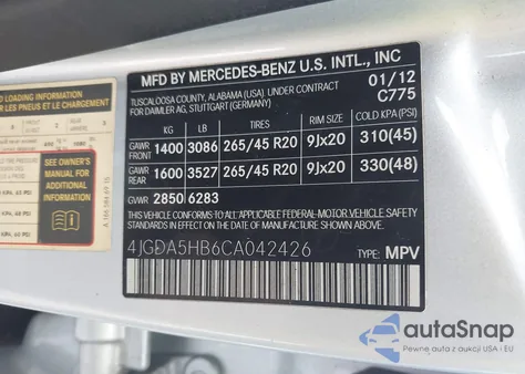 2012 Mercedes-Benz Ml 350 4Matic из США, поврежденный, VIN 4JGDA5HB6CA042426